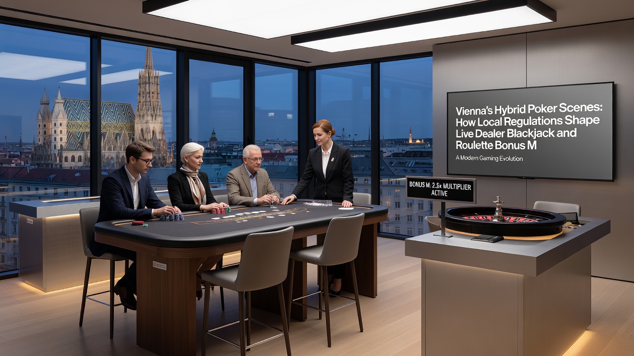 Close-up of live dealer roulette wheel in a Vienna hybrid gaming venue with digital bonus displays